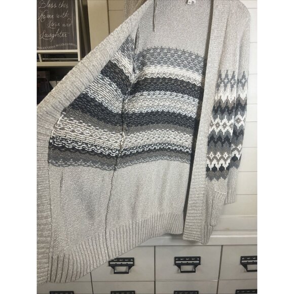 Cozy Sonoma Open Front Long Cardigan Sweater Beige Nordic Argyle Pockets M - Picture 3 of 6